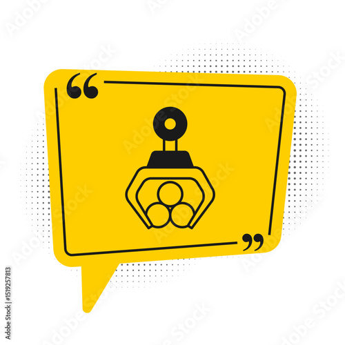 Black Grapple crane grabbed a log icon isolated on white background. Forest industry. Industrial crane for lumber trunk wood production. Yellow speech bubble symbol. Vector