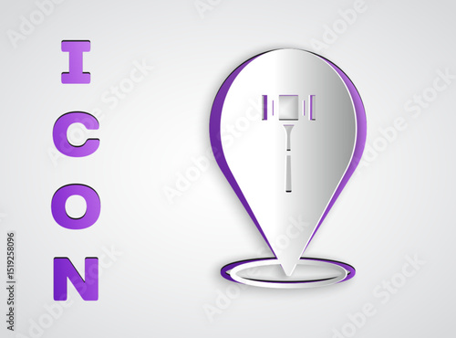 Paper cut Auction hammer icon isolated on grey background. Gavel - hammer of judge or auctioneer. Bidding process, deal done. Auction bidding. Paper art style. Vector