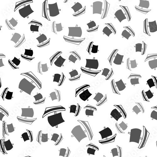Black Egyptian ship icon isolated seamless pattern on white background. Egyptian papyrus boat. Vector