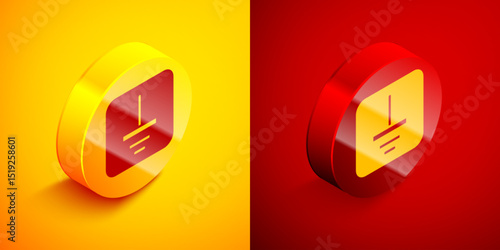 Isometric Electrical symbol ground icon isolated on orange and red background. Protective earth ground symbol icon in electricity. Circle button. Vector