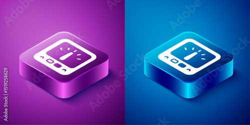 Isometric Ampere meter, multimeter, voltmeter icon isolated on blue and purple background. Instruments for measurement of electric current. Square button. Vector