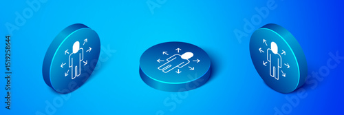 Isometric Multitasking manager working icon isolated on blue background. Blue circle button. Vector