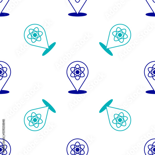 Blue Atom icon isolated seamless pattern on white background. Symbol of science, education, nuclear physics, scientific research. Vector