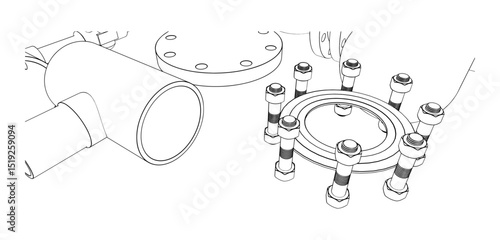 Technical drawing CAD stylized industrial pipe component or flange assembly, part of a pressurized system, HVAC technology