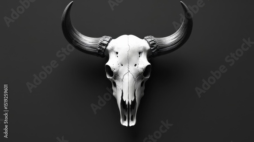 A dark background with a buffalo skull in the center, creating a mystical atmosphere. Detailed textures and shading highlight the empty eye sockets and large horns.