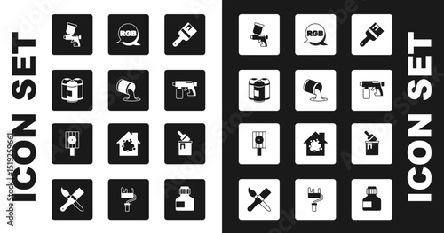 Set Paint brush, bucket, spray can, gun, RGB, with and Spray nozzle cap icon. Vector