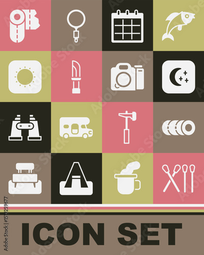 Set Match stick, Blanket roll, Moon and stars, Calendar, Knife, Sun, Paper towel and Photo camera icon. Vector