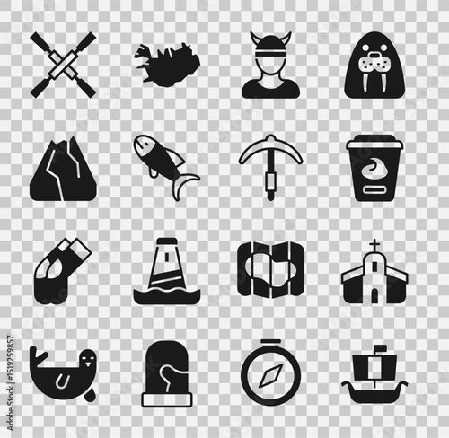 Set Viking ship Drakkar, Church building, Yogurt container, head, Fish, Mountains, Oars or paddles boat and Pickaxe icon. Vector