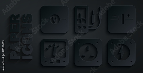 Set Electrical outlet, DC voltage source, Ampere meter, multimeter, Lightning bolt, and Voltmeter icon. Vector