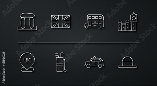 Set line Stonehenge, Location England, Big Ben tower, Taxi car, Golf bag with clubs, Flag of Great Britain, Elegant women hat and Double decker bus icon. Vector