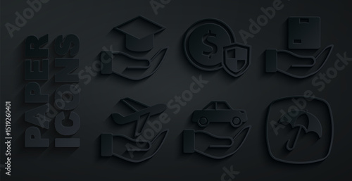 Set Car insurance, Delivery, Plane hand, Umbrella, Money with shield and Education grant icon. Vector