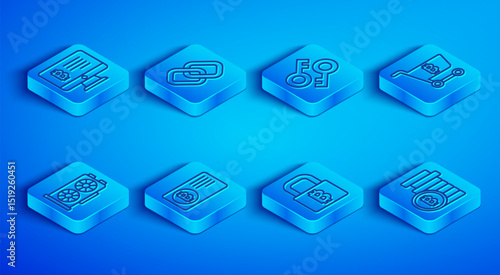 Set line Mining bitcoin from monitor, Chain link, Cryptocurrency key, Credit card with, Lock, Shopping cart, Video graphic and Bitcoin icon. Vector