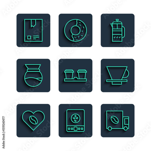 Set line Coffee Lovers, Electronic coffee scales, street truck machine, French press, cup to go, Pour maker, Bag beans and V60 icon. Vector