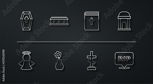 Set line Coffin with cross, Angel, Old crypt, Grave, Flower vase, Speech bubble rip death and Holy bible book icon. Vector