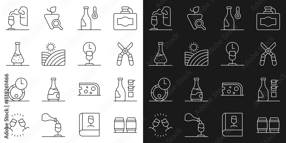 Set line Wooden barrel for wine, Bottle of, Gardening scissors, Wine temperature, Vineyard grapes, Decanter, Sommelier and time icon. Vector Set line Wooden barrel for wine, Bottle of, Gardening scissors, Wine temperature, Vineyard grapes, Decanter, Sommelier and time icon. Vector