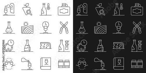 Set line Wooden barrel for wine, Bottle of, Gardening scissors, Wine temperature, Vineyard grapes, Decanter, Sommelier and time icon. Vector