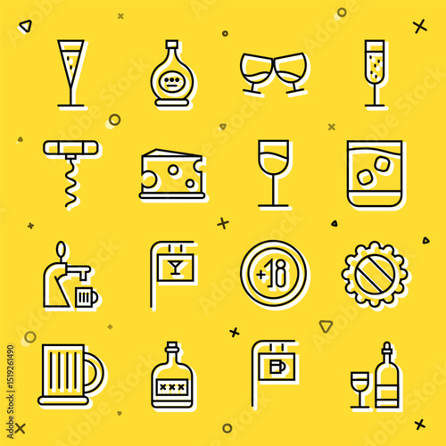 Set line Wine bottle with glass, Bottle cap, Glass of whiskey, cognac or brandy, Cheese, corkscrew, champagne and icon. Vector