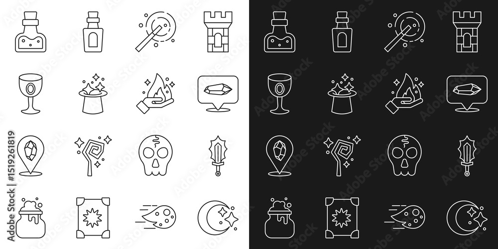 Set line Moon and stars, Magic sword in fire, stone, wand, hat, Medieval goblet, Bottle with potion and Hand holding icon. Vector Set line Moon and stars, Magic sword in fire, stone, wand, hat, Medieval goblet, Bottle with potion and Hand holding icon. Vector