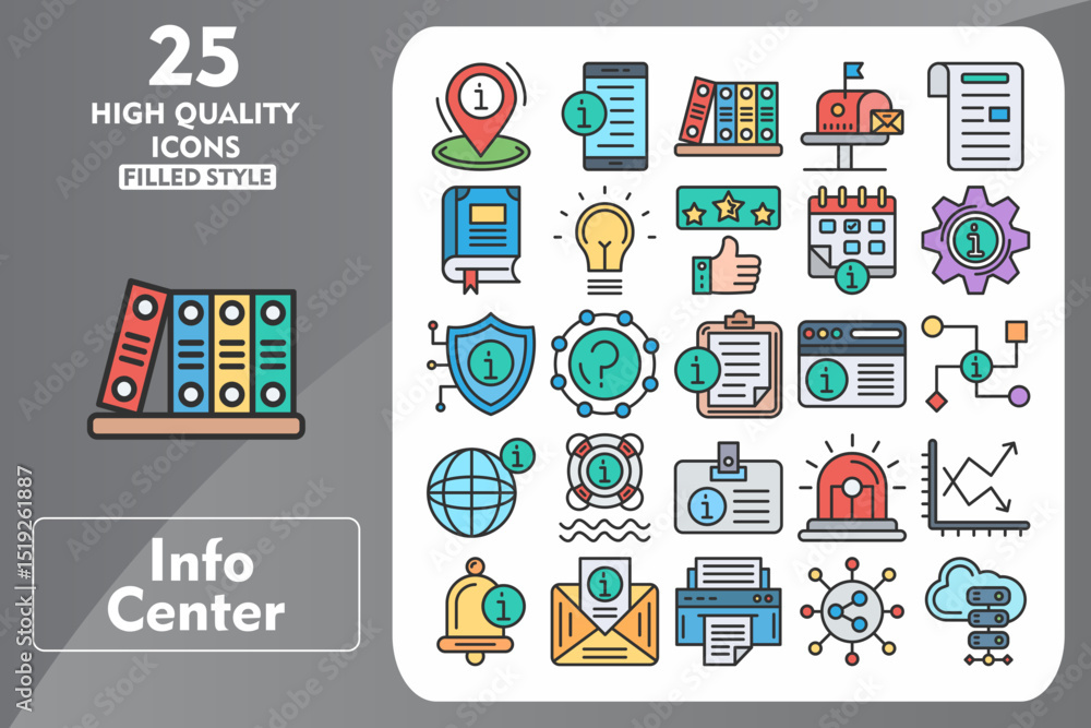 Info Center Line Filled Icon Set. Incleded Icons Info Center Location, Question Mark, Siren, Graph, Notification Bell, Mail, Printer, Share. Vector Icons Collection Info Center Line Filled Icon Set. Incleded Icons Info Center Location, Question Mark, Siren, Graph, Notification Bell, Mail, Printer, Share. Vector Icons Collection