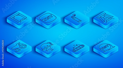 Set line Mine entrance, Dynamite, Miner helmet, Conveyor belt carrying coal, Mining dump truck and icon. Vector