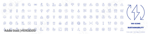 100 Sustainability Icons Collection. Thin line icon. Editable stroke. world, wind turbine, green energy, recycling, reusable, eco battery, signaling, windmill, tag, water energy, package, shopping bag
