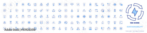 100 Sustainability Icons Collection. Line Duotone style, editable stroke. sustainability, sustainable, world, windmill, earth, ecology, green energy