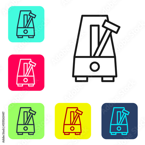 Black line Classic Metronome with pendulum in motion icon isolated on white background. Equipment of music and beat mechanism. Set icons in color square buttons. Vector