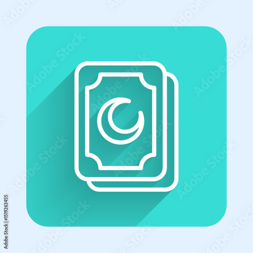 White line Tarot cards icon isolated with long shadow background. Magic occult set of tarot cards. Green square button. Vector