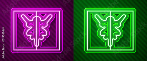 Glowing neon line Rorschach test icon isolated on purple and green background. Psycho diagnostic inkblot test Rorschach. Vector