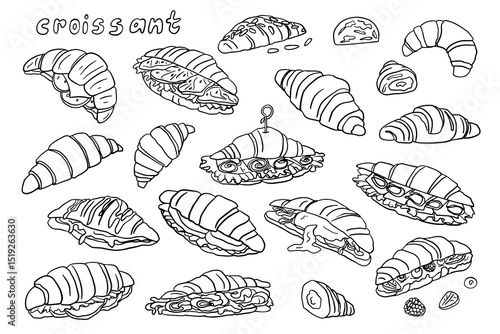 Set of croissants in doodle style. Breakfast. French cuisine. French culture. Food. Great for menu design. Hand drawn