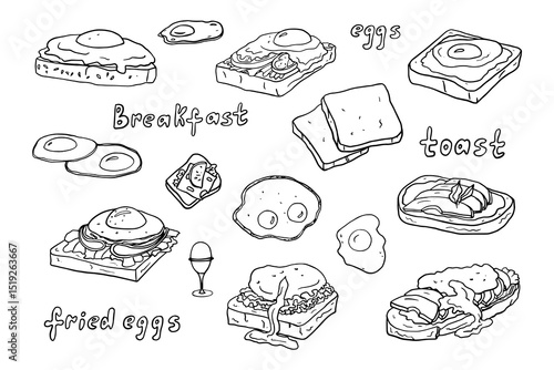 Set of breakfast in doodle style. Fried egg, scrambled egg, sandwich, toast. Food. Great for menu design, banners, websites, packaging. Hand drawn 