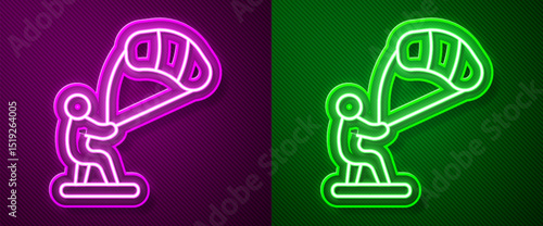 Glowing neon line Kitesurfing icon isolated on purple and green background. Vector
