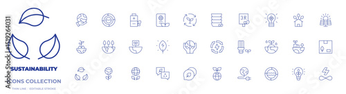 Sustainability icons collection. Thin Line icons, editable stroke. eco battery, signaling, environment, light bulb, ecology, earth, sustainability, sustainable, sustainable energy, green planet