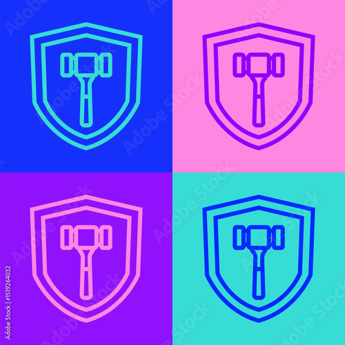 Pop art line Auction hammer icon isolated on color background. Gavel - hammer of judge or auctioneer. Bidding process, deal done. Auction bidding. Vector