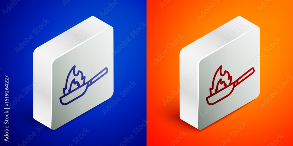 Isometric line Pan with fire icon isolated on blue and orange background. Silver square button. Vector Isometric line Pan with fire icon isolated on blue and orange background. Silver square button. Vector
