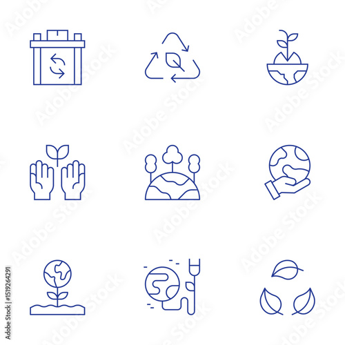 Sustainability icons set. Thin Line style, editable stroke. reusable, ecologism, planet earth, eco, green planet, green energy, sprout, hand, biodegradable