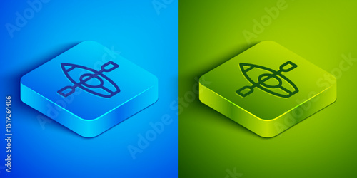 Isometric line Kayak and paddle icon isolated on blue and green background. Kayak and canoe for fishing and tourism. Outdoor activities. Square button. Vector