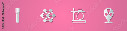 Set paper cut Test tube and flask, Molecule, on stand and Radioactive in location icon. Paper art style. Vector