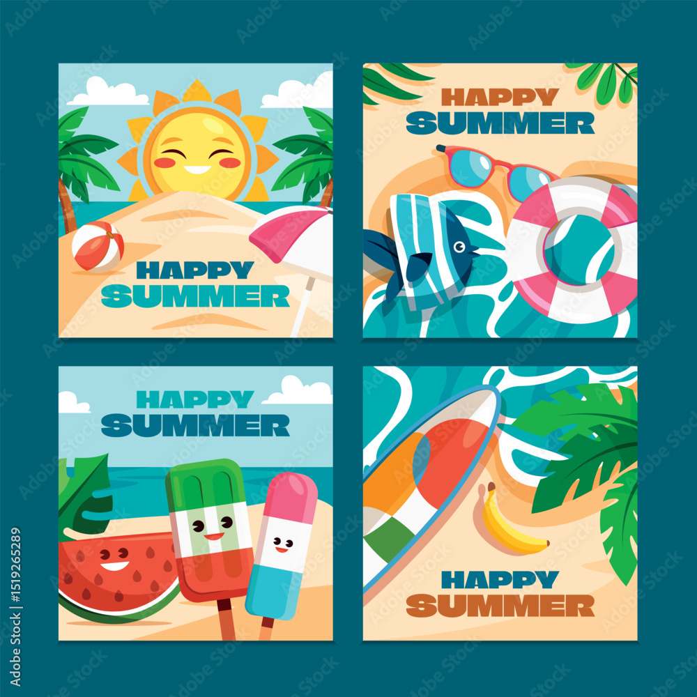 Naklejka premium Happy Summer Vacations Square Cards Collection
