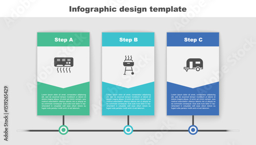 Set Air conditioner, Barbecue grill and Rv Camping trailer. Business infographic template. Vector