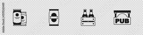Set Beer can, , Pack of beer bottles and Street signboard with Pub icon. Vector