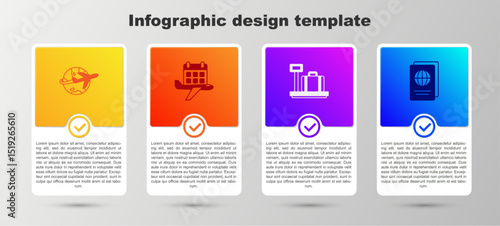 Set Globe with flying plane, Calendar and airplane, Scale suitcase and Passport. Business infographic template. Vector