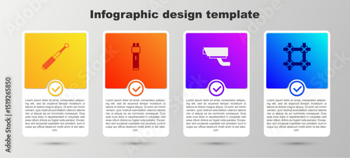 Set Telescopic baton, Police electric shocker, Security camera and Prison window. Business infographic template. Vector
