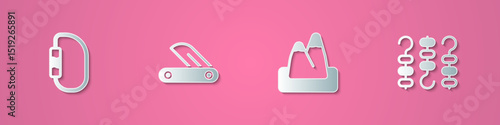 Set paper cut Carabiner, Swiss army knife, Mountains and Grilled shish kebab on skewer icon. Paper art style. Vector