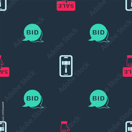 Set Price tag with Sale, Online auction and Bid on seamless pattern. Vector
