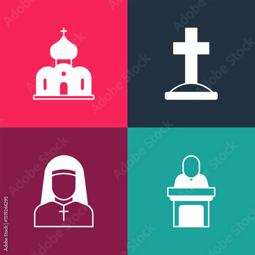 Set pop art Church pastor preaching, Nun, Grave with cross and building icon. Vector