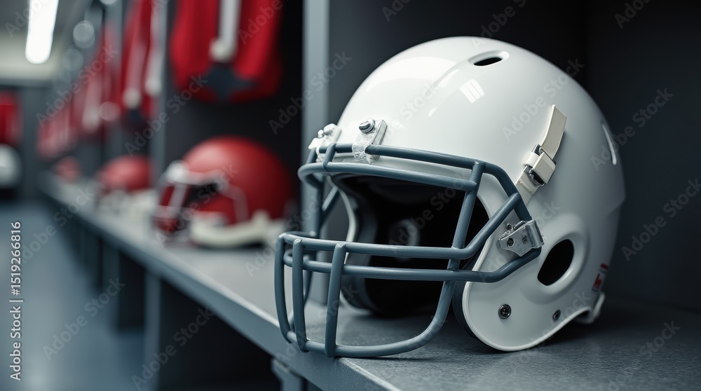 Fototapeta premium White football helmet on metal bench close-up in locker room setting