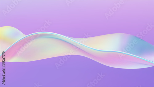 Fluid wave 3D glass ribbon. Abstract liquid background. Blue gradient holographic elements swirl with iridescent flow shapes and neon light. Bright spectral movement and colorful refraction.