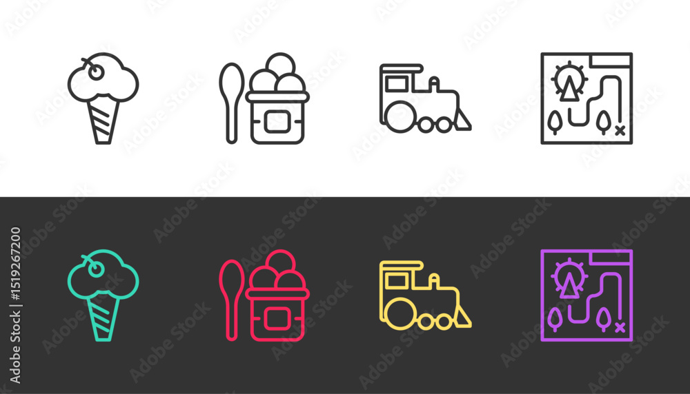Set line Ice cream in waffle cone, bowl, Toy train and Amusement park map on black and white. Vector Set line Ice cream in waffle cone, bowl, Toy train and Amusement park map on black and white. Vector