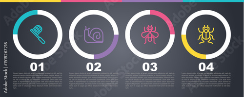 Set line Butterfly net, Snail, Insect and Beetle bug. Business infographic template. Vector